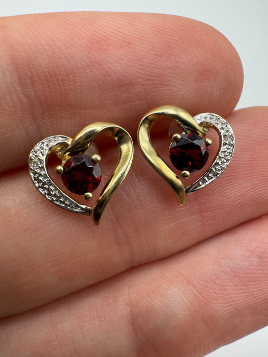 9ct gold garnet and diamond heart earrings