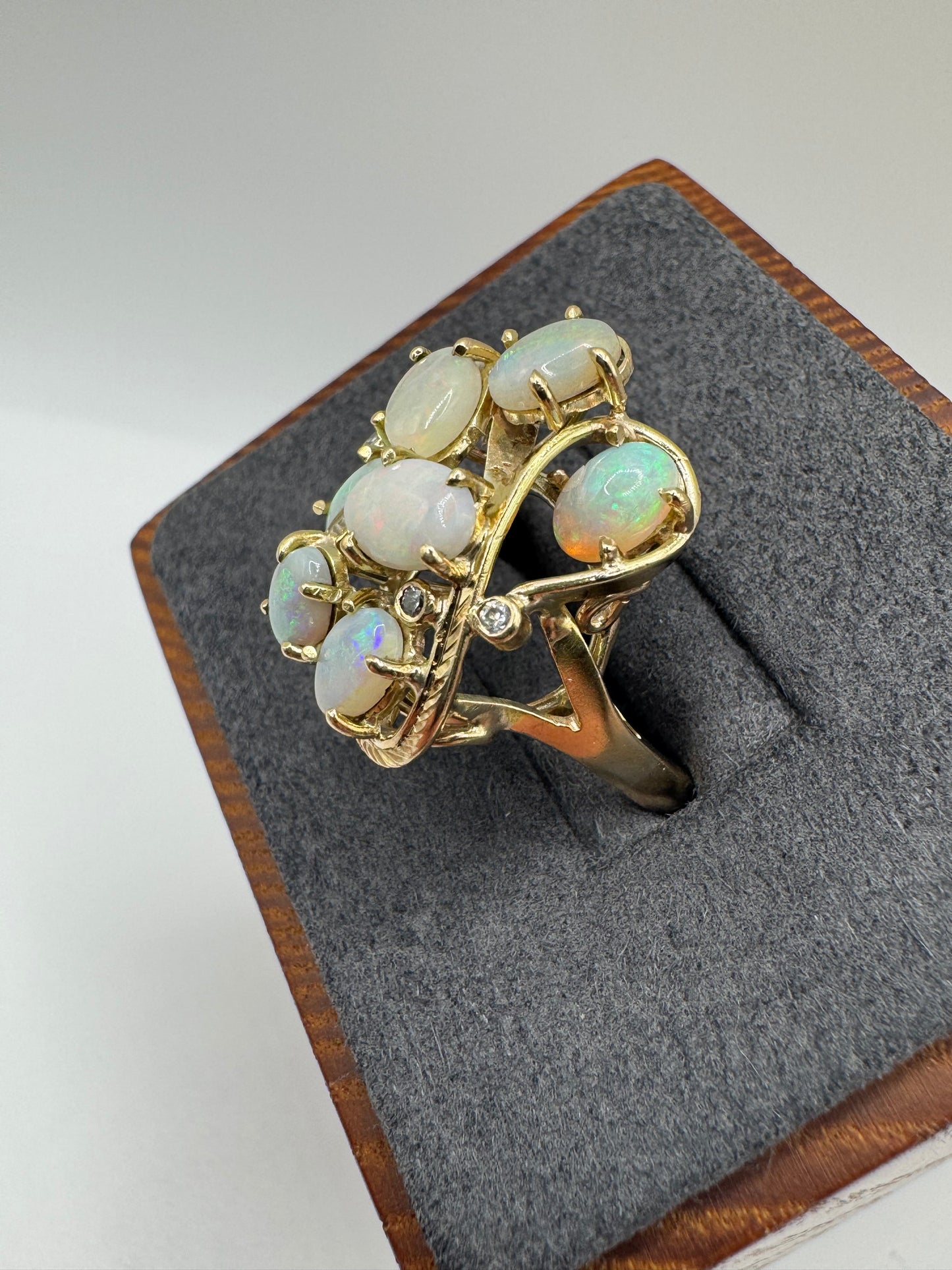 Heavy 9ct gold opal and diamond cluster ring