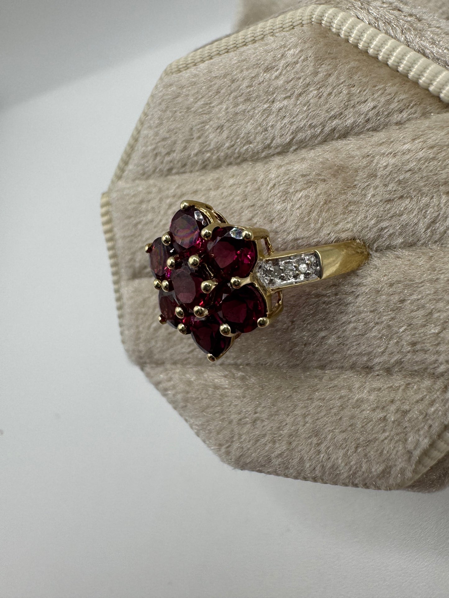 9ct gold almandine garnet and diamond cluster ring