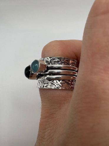 Silver teal quartz and onyx spinning ring (6.25-M1/2)
