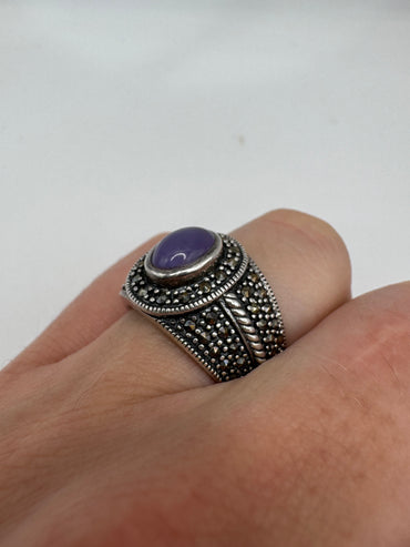 Silver jade and marcasite ring
