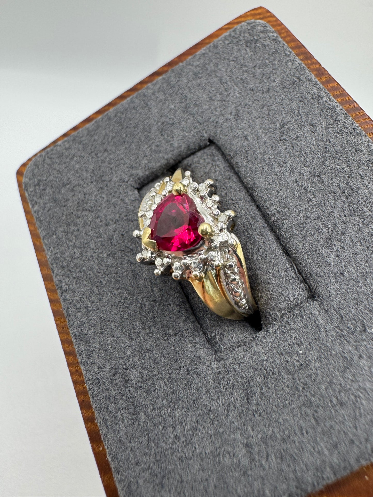 9ct gold synthetic ruby and diamond heart ring