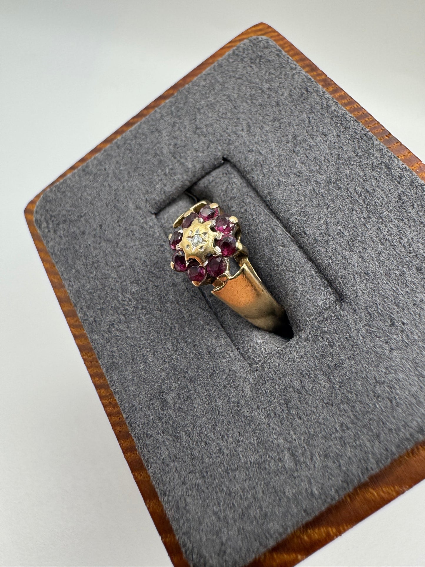 9ct gold ruby and diamond cluster ring