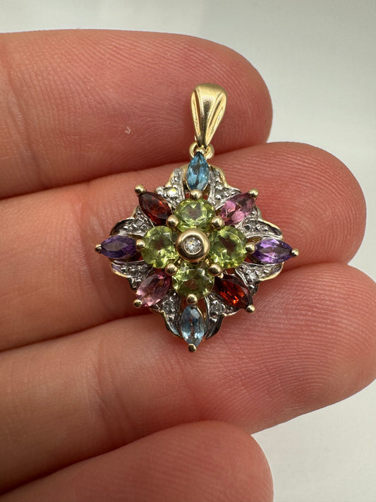 9ct gold multi-gem and diamond pendant
