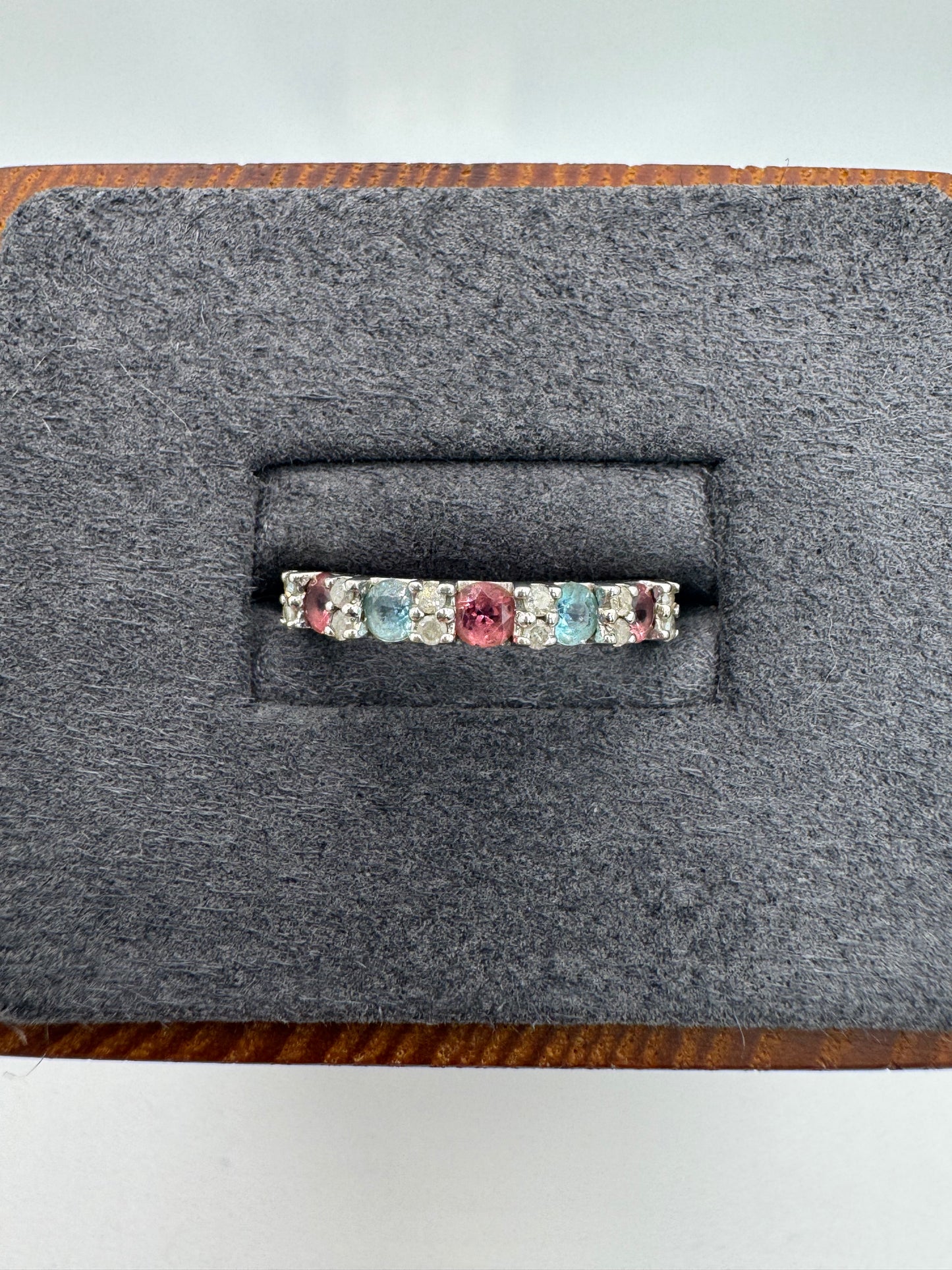 9ct white gold tourmaline, topaz and diamond ring