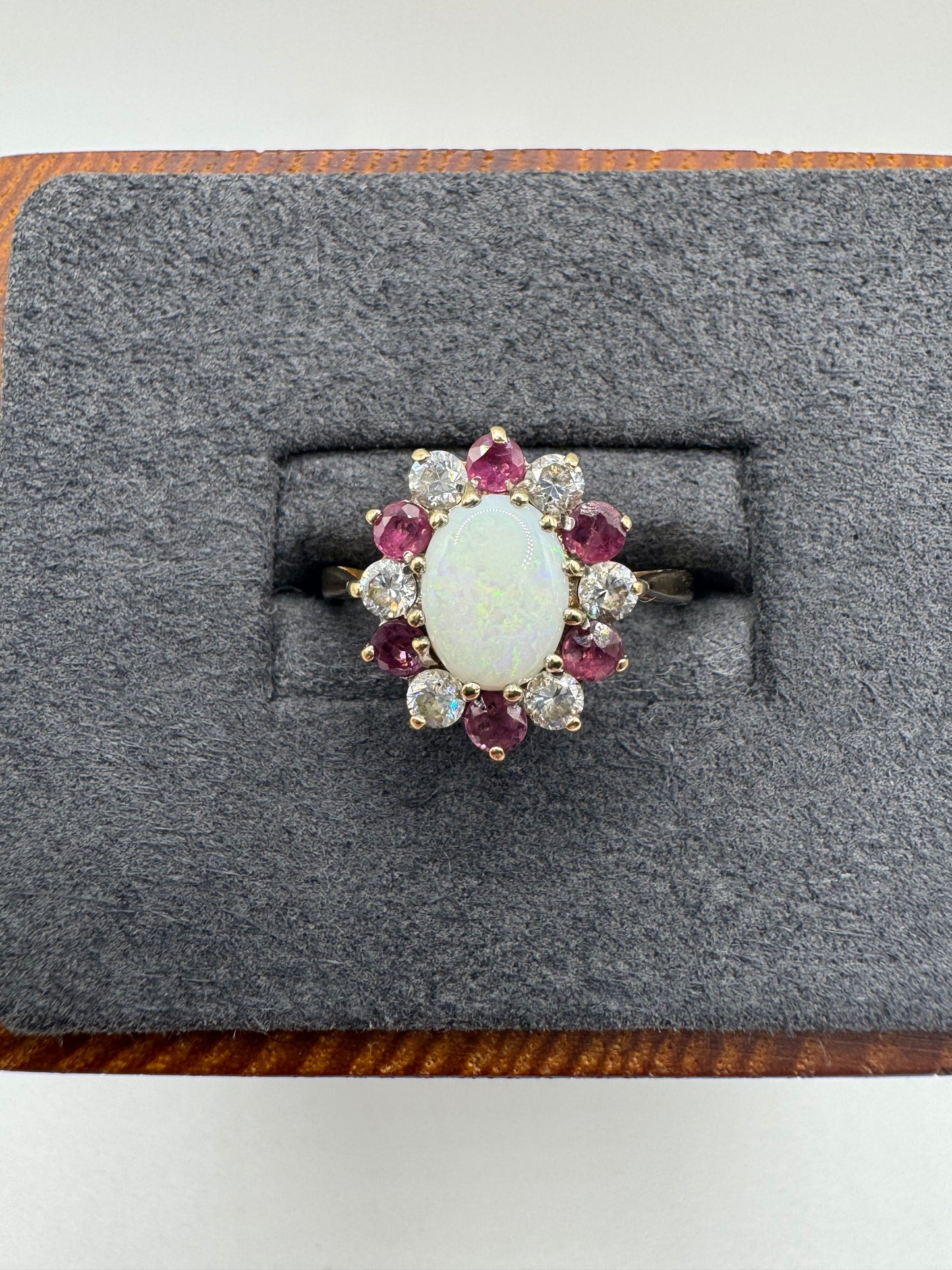 9ct gold opal, ruby and cz cluster ring