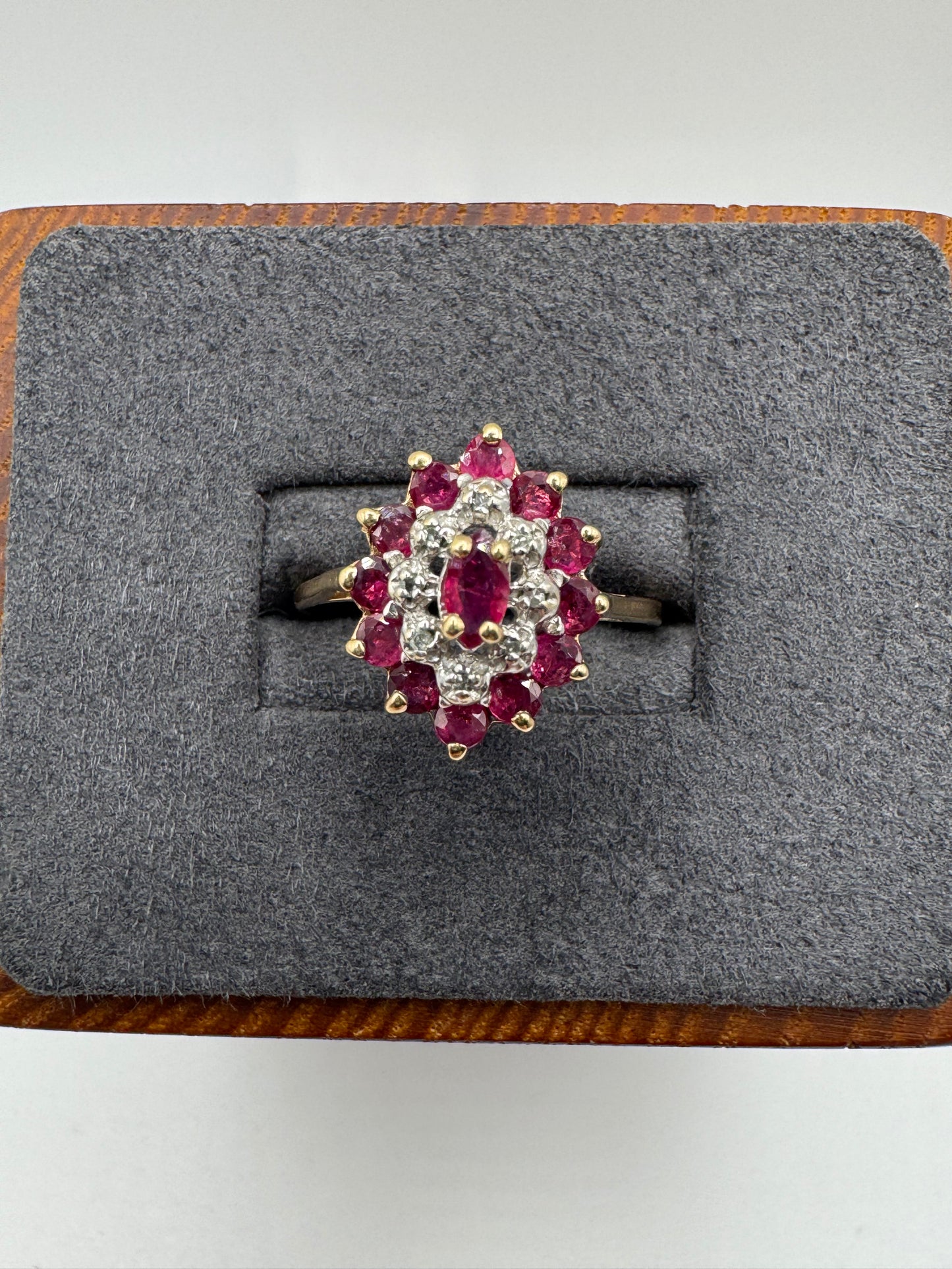 9ct gold ruby and diamond cluster ring
