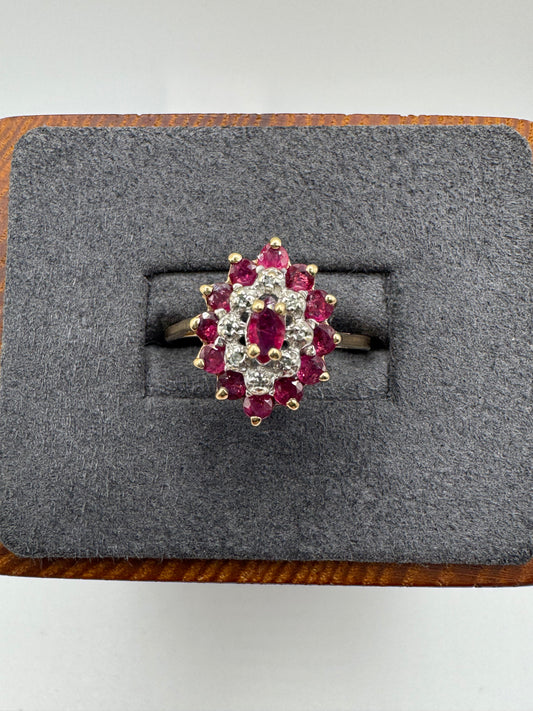 9ct gold ruby and diamond cluster ring