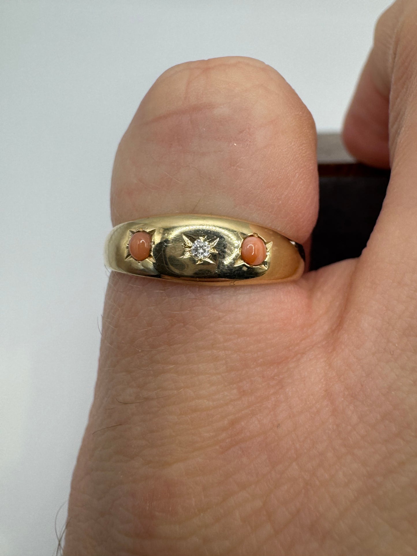 9ct gold coral and diamond gypsy ring