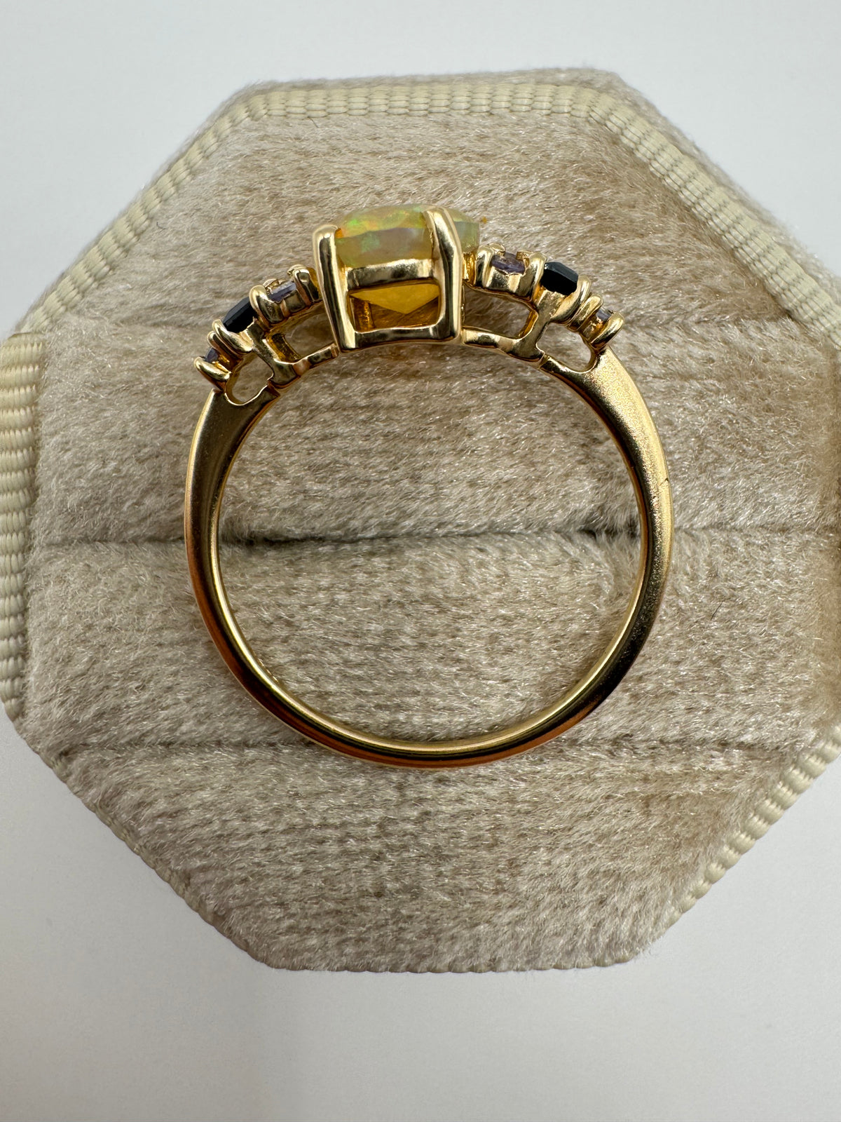 9ct gold opal, topaz and tanzanite ring