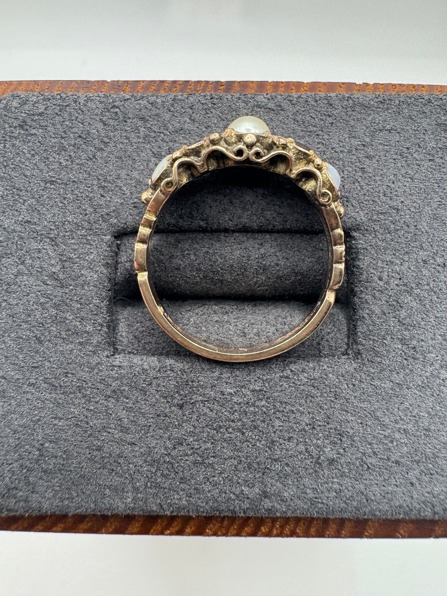 9ct gold pearl, ruby and opal ring