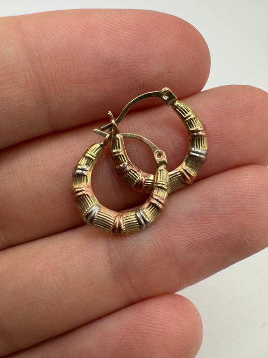 9ct tri-gold bamboo creole earrings