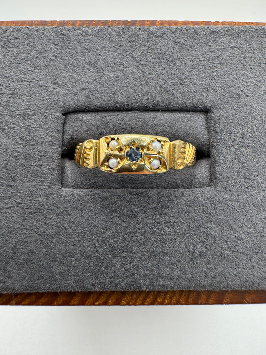 9ct gold sapphire and pearl gypsy ring