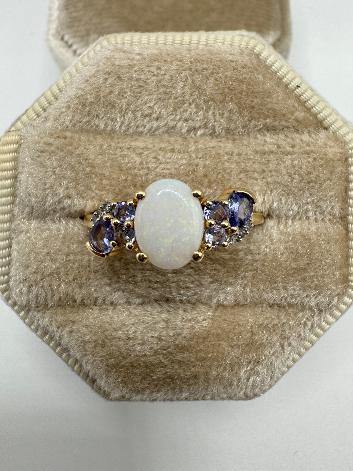 9ct gold opal, tanzanite and diamond ring