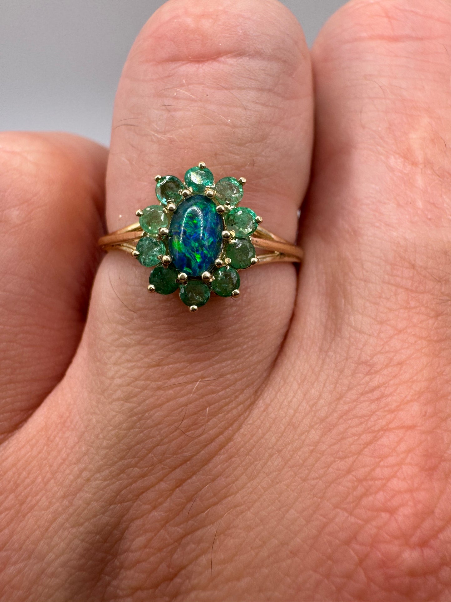 9ct gold black opal triplet and emerald ring