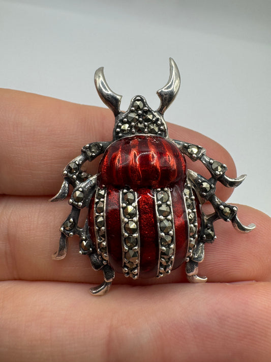 Silver enamel and marcasite insect brooch