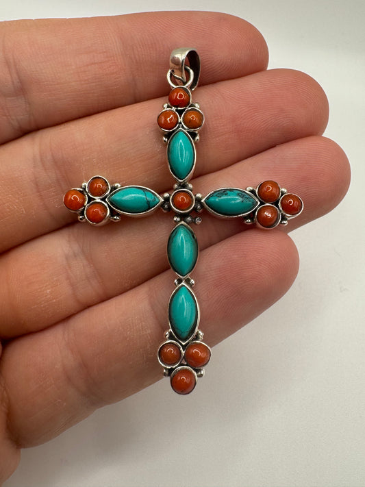 Silver coral and turquoise cross pendant