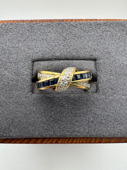 9ct gold sapphire and diamond crossover ring