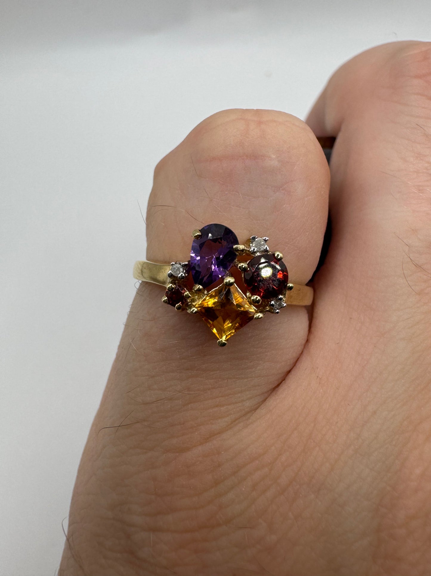 9ct gold amethyst, citrine, garnet and diamond ring