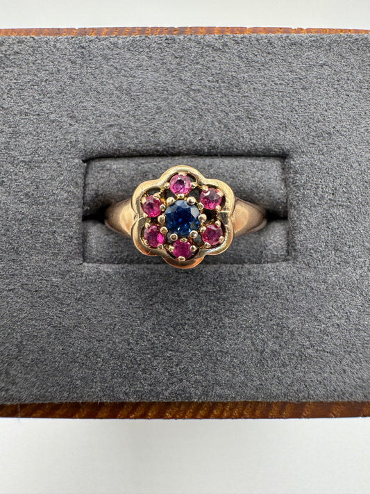9ct gold sapphire and ruby cluster ring