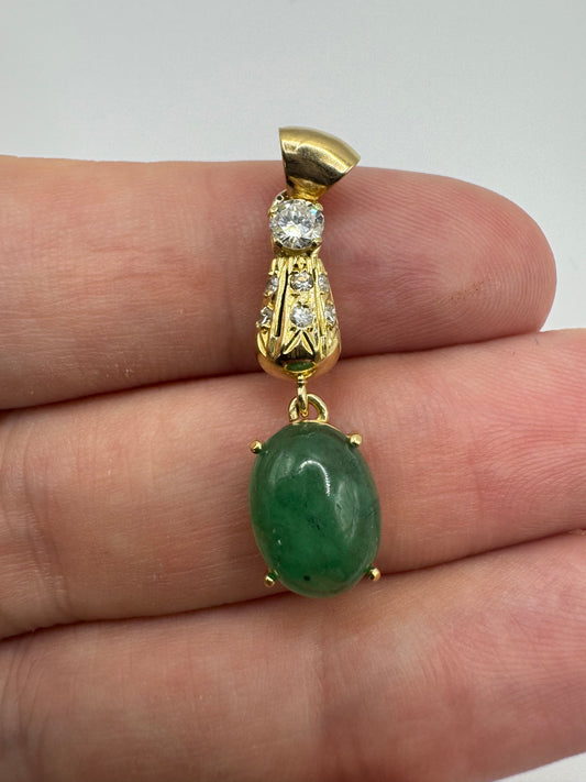 18ct gold cabochon emerald and diamond pendant