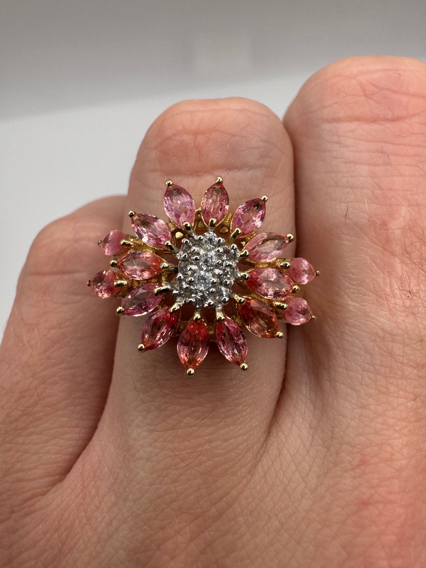 9ct gold padparadscha sapphire and diamond cluster ring