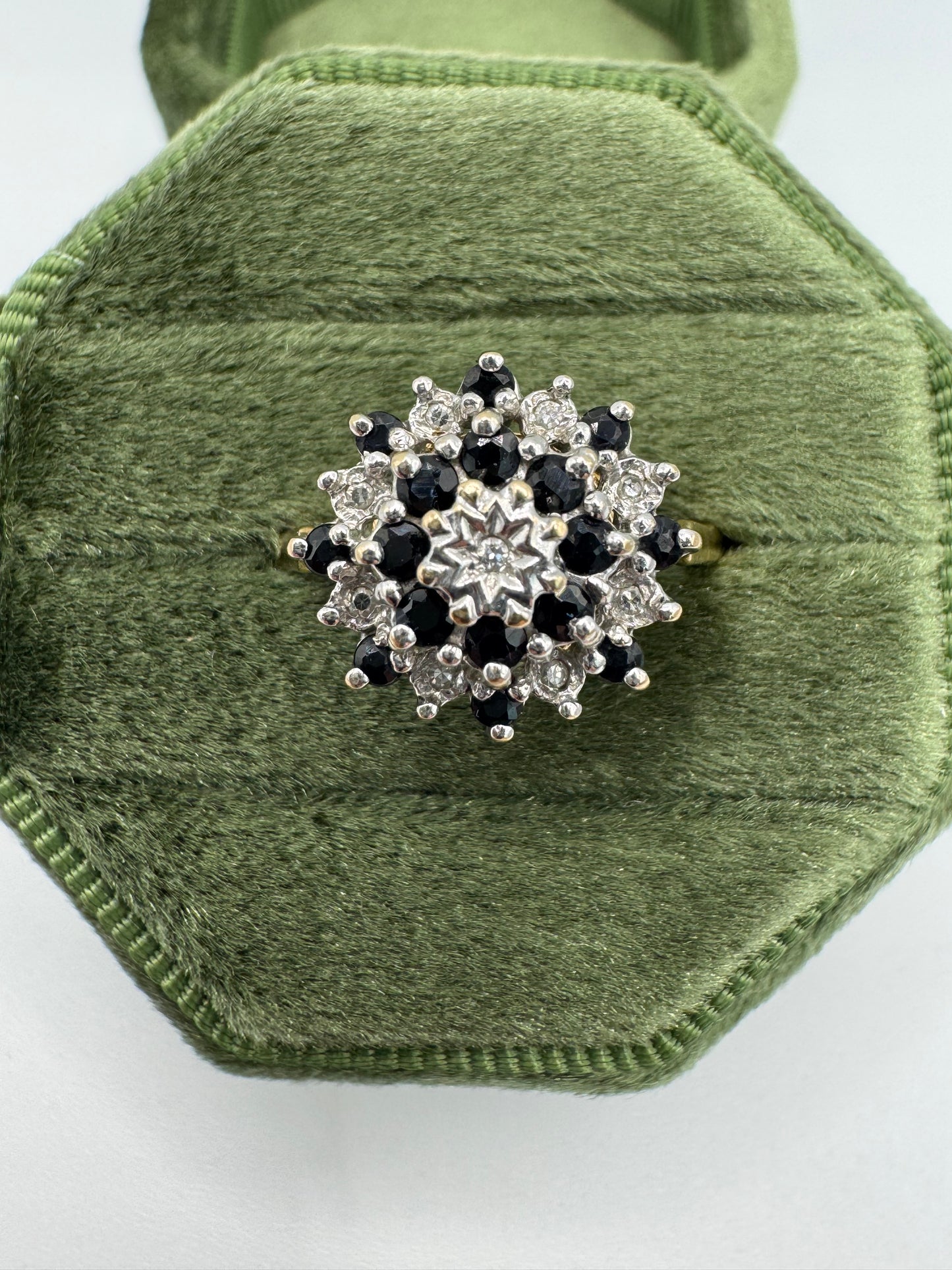 9ct gold sapphire and diamond cluster ring