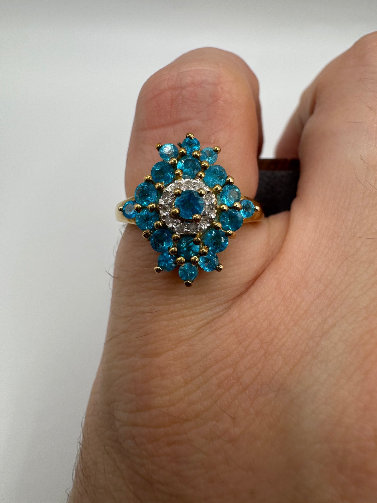 9ct gold blue apatite and diamond cluster ring