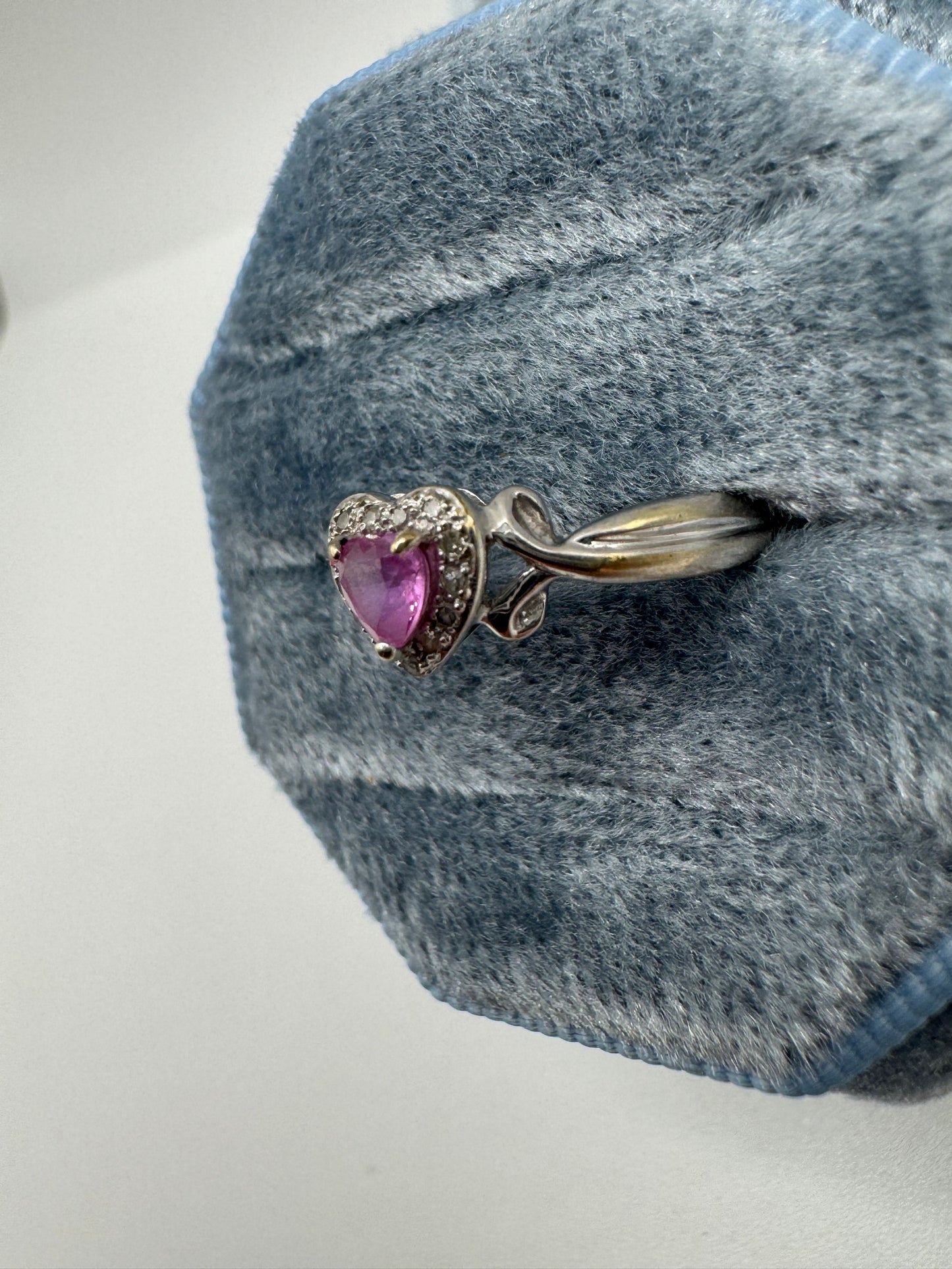 9ct white gold pink sapphire and diamond heart ring