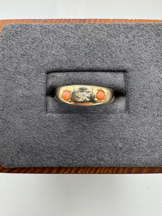9ct gold coral and diamond gypsy ring