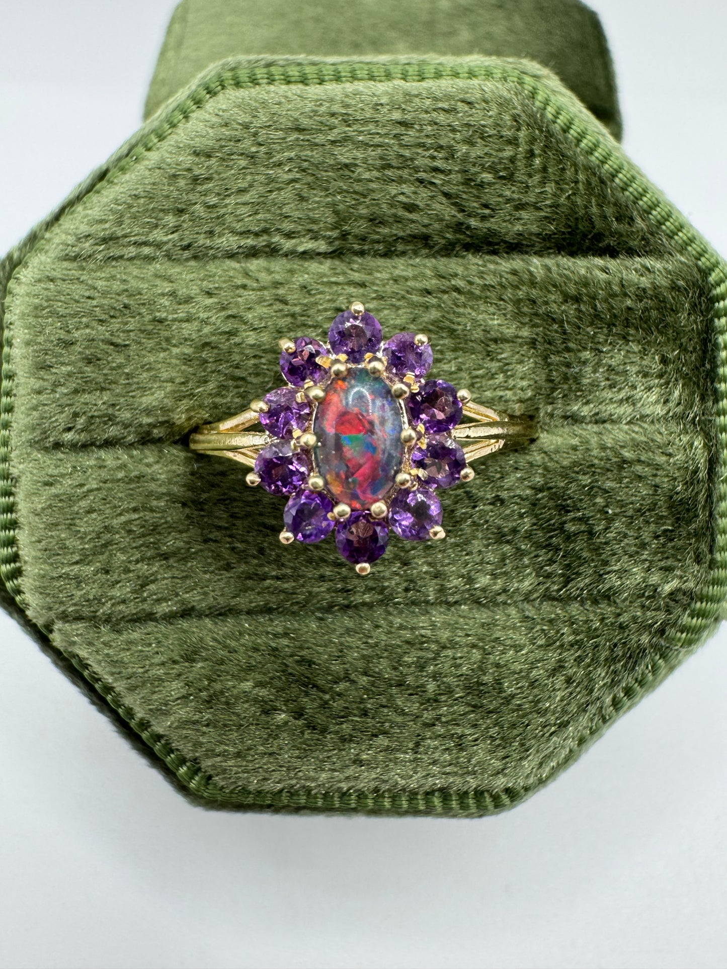 9ct gold black opal triplet and amethyst ring