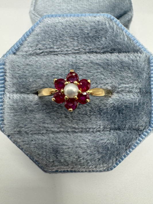 9ct gold pearl and ruby cluster ring