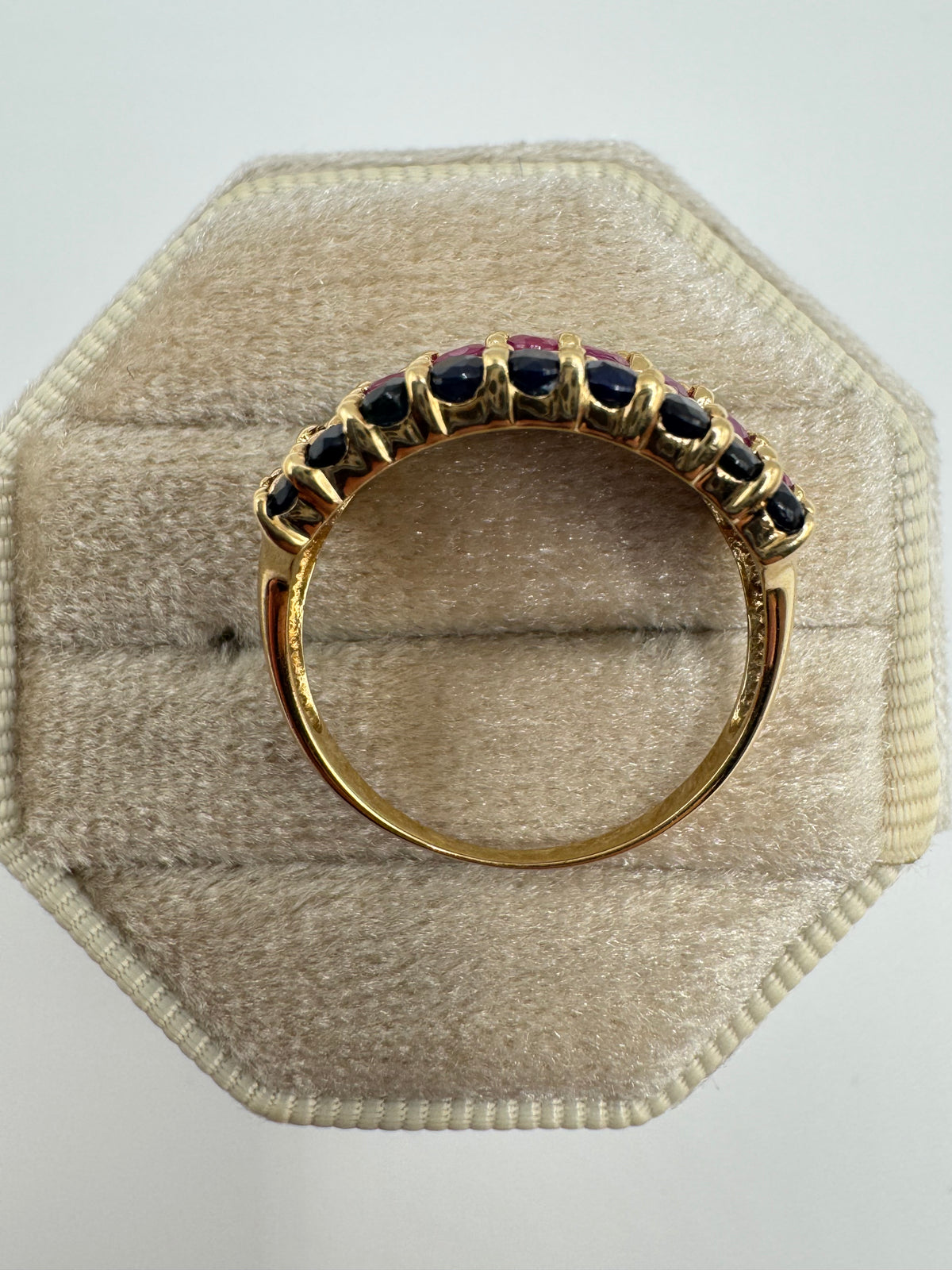 9ct gold emerald, ruby and sapphire ring