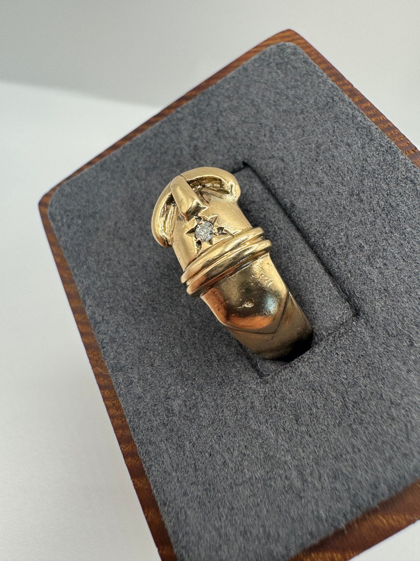 Heavy 9ct gold diamond gypsy buckle ring