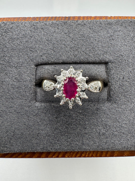 9ct gold ruby and diamond cluster ring