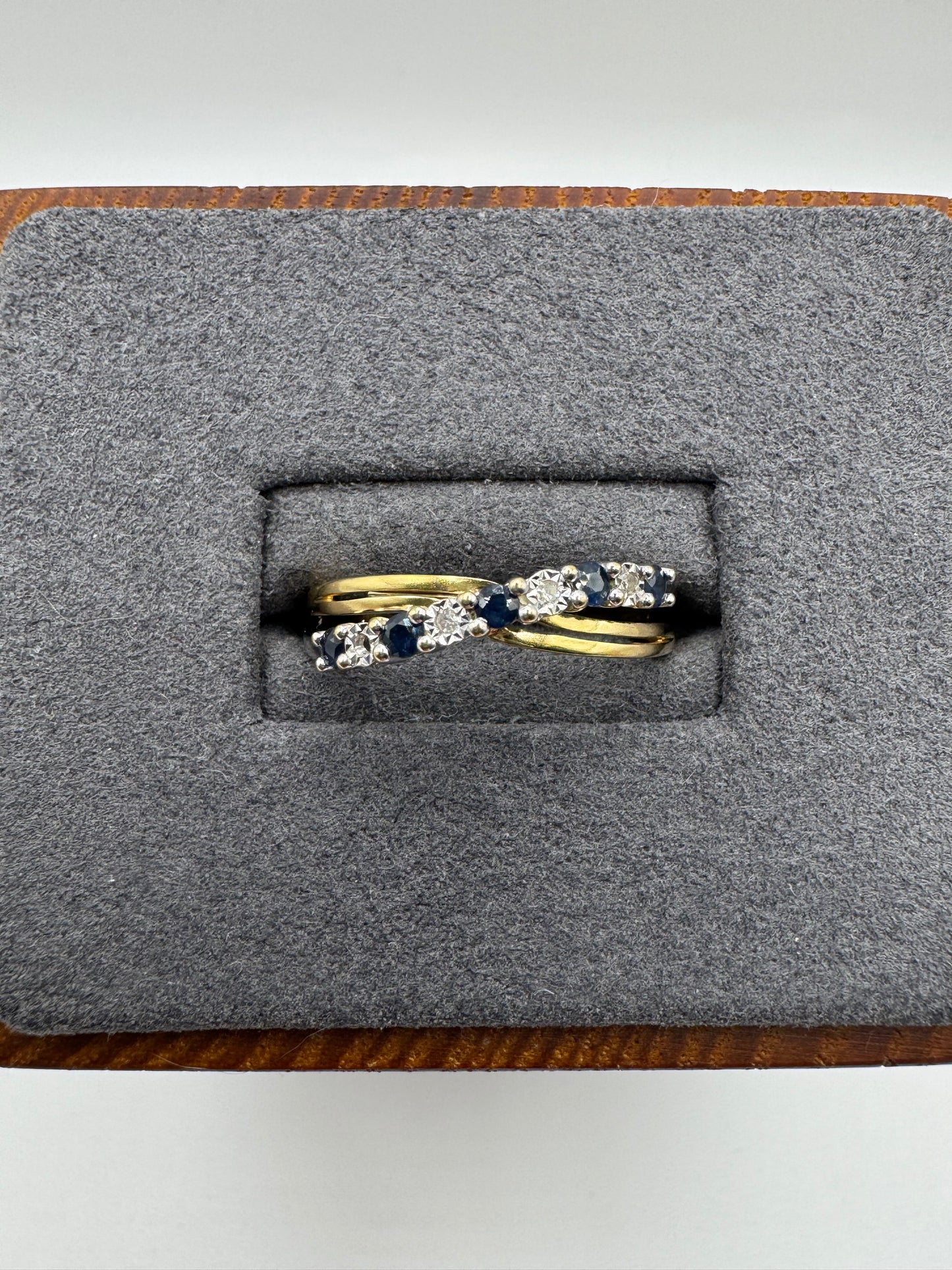 9ct gold sapphire and diamond crossover ring