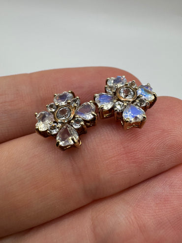 9ct gold rainbow moonstone cluster earrings