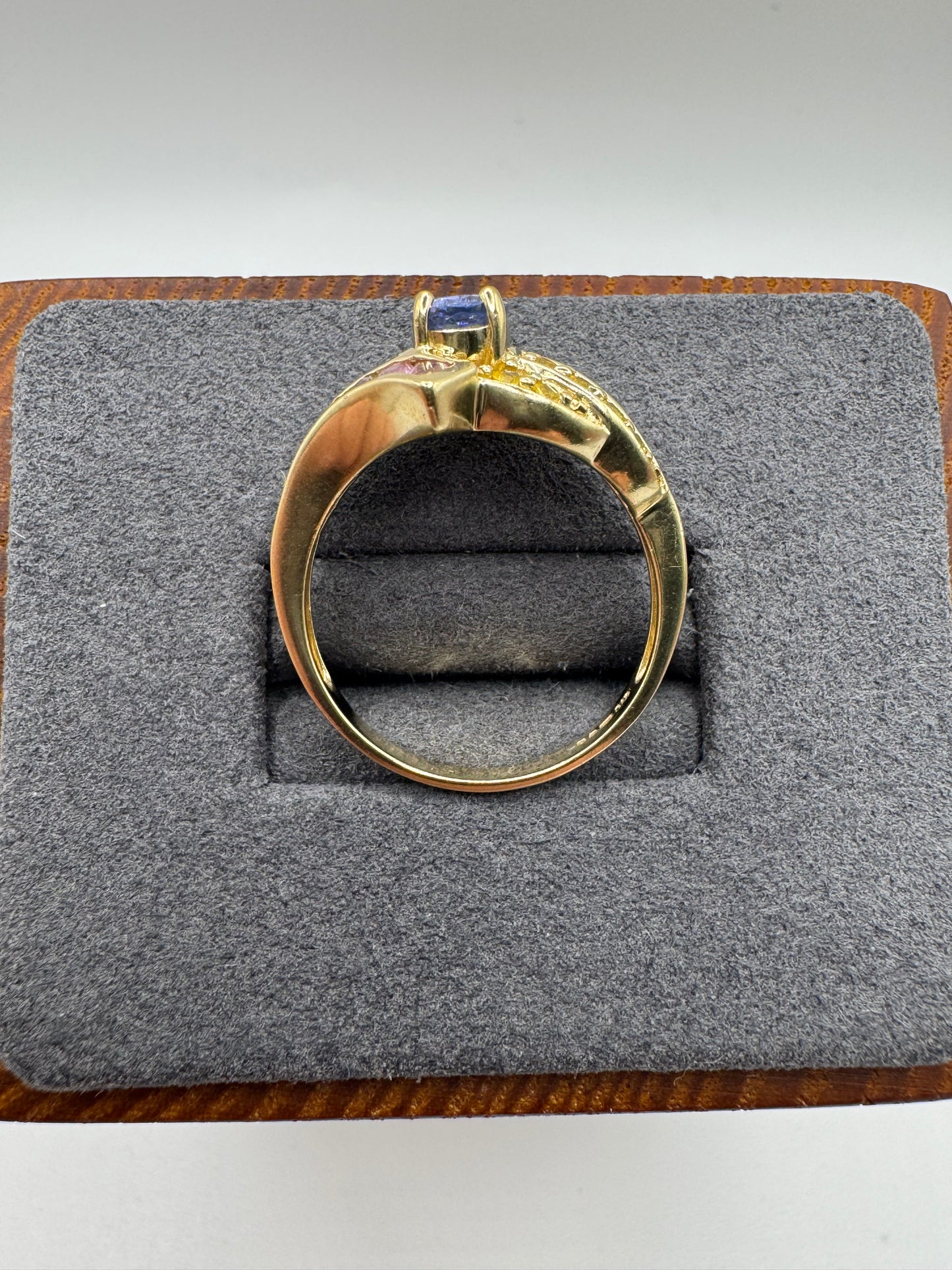 9ct gold tanzanite, citrine and pink topaz ring