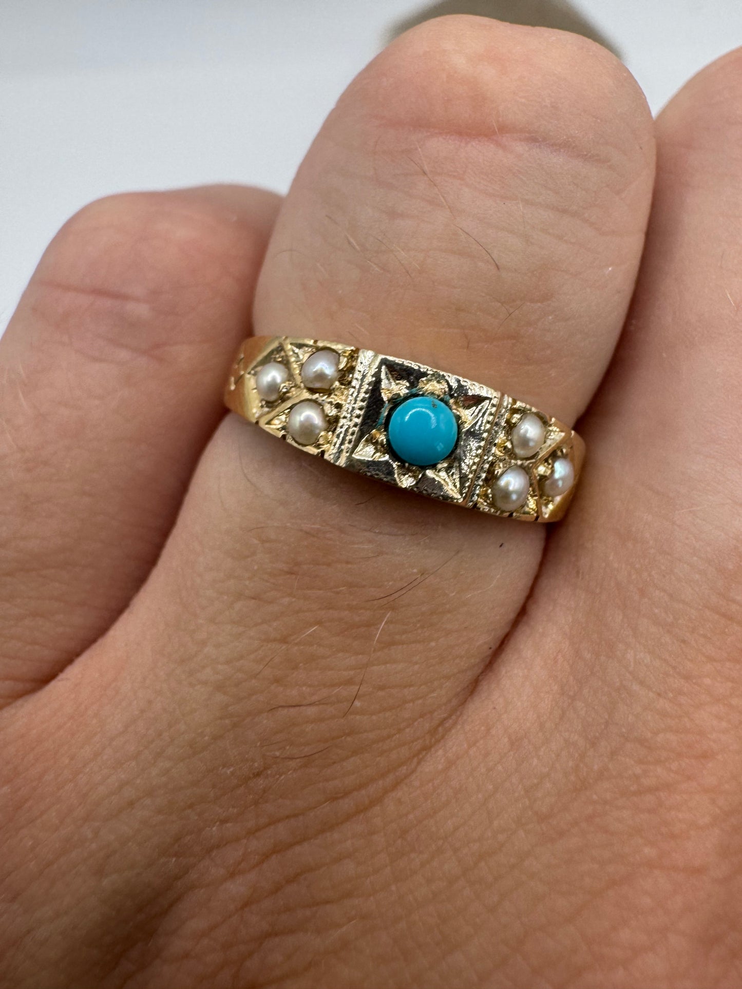 9ct gold turquoise and pearl 7 stone gypsy ring