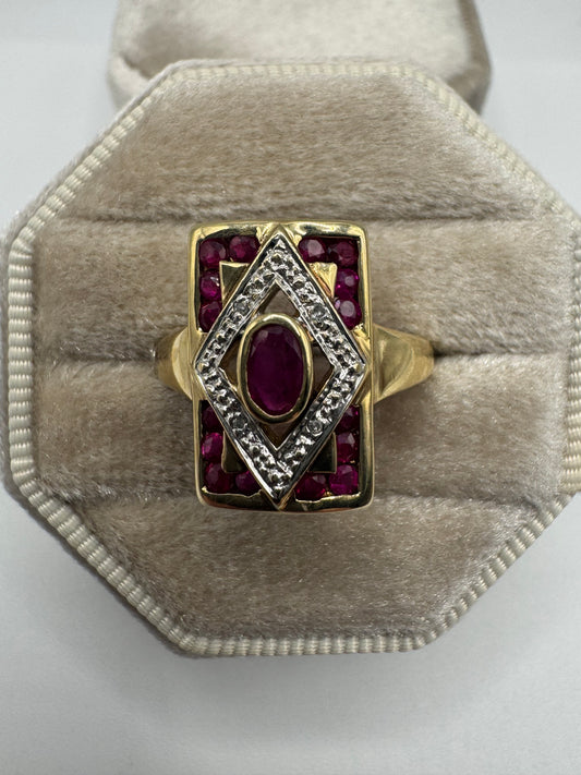 9ct gold art-deco style ruby and diamond ring