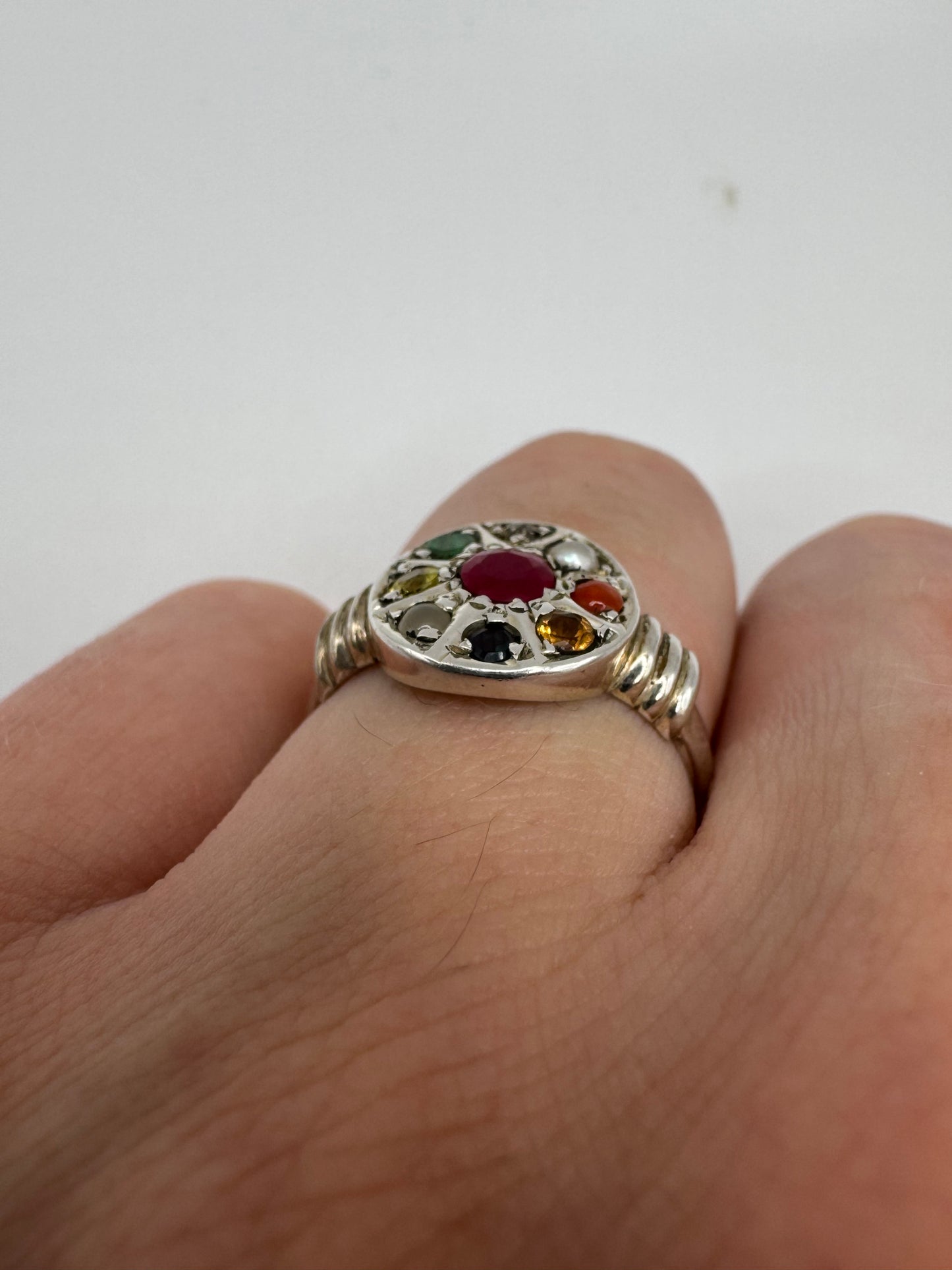Silver multi-gem and diamond ring