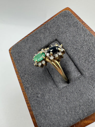9ct gold sapphire, emerald and diamond cluster ring