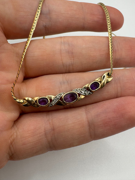 Heavy 9ct gold amethyst and diamond necklace (15”)