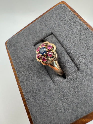 9ct gold sapphire and ruby cluster ring
