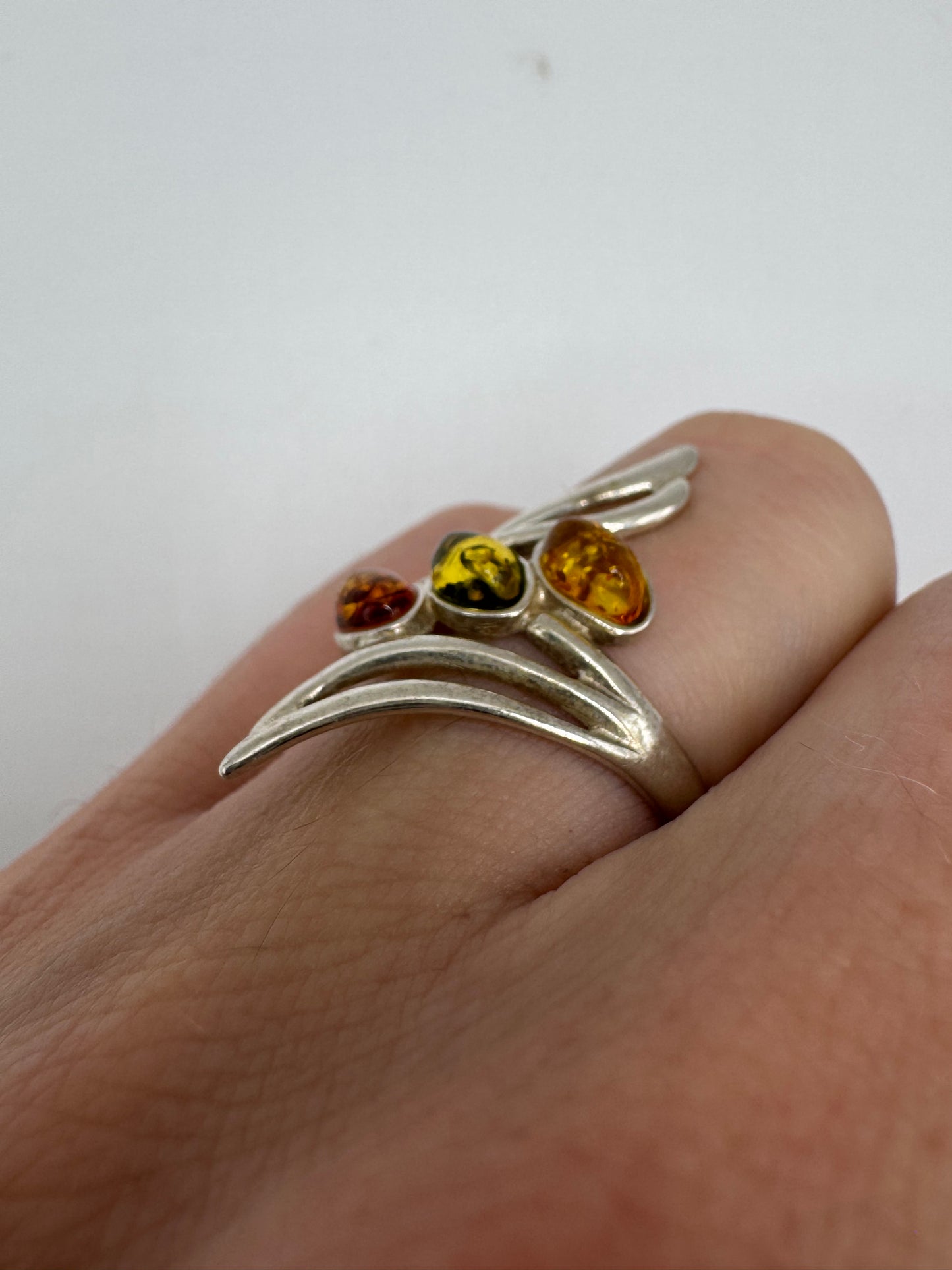 Silver amber ring