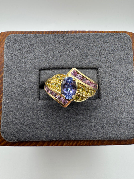 9ct gold tanzanite, citrine and pink topaz ring