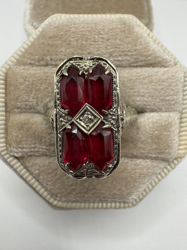Heavy 9ct white gold art deco cameo, ruby and diamond spinner ring