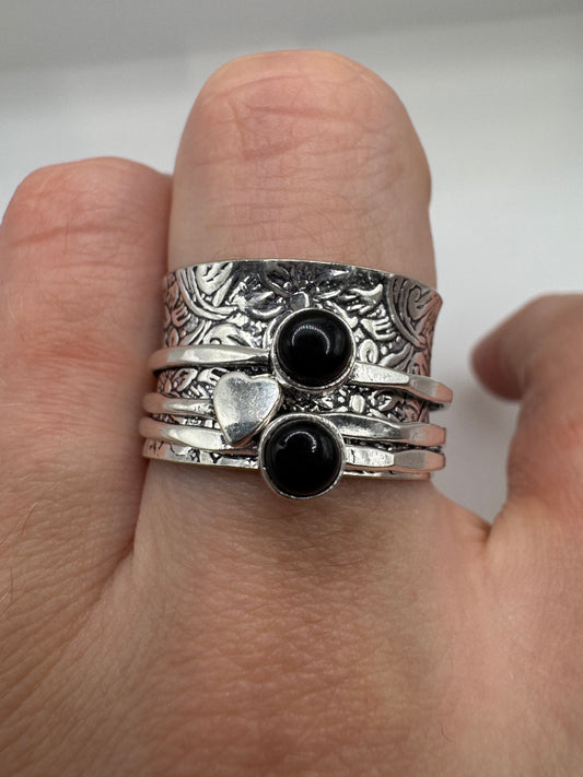 Silver onyx and heart spinning ring (9-S)