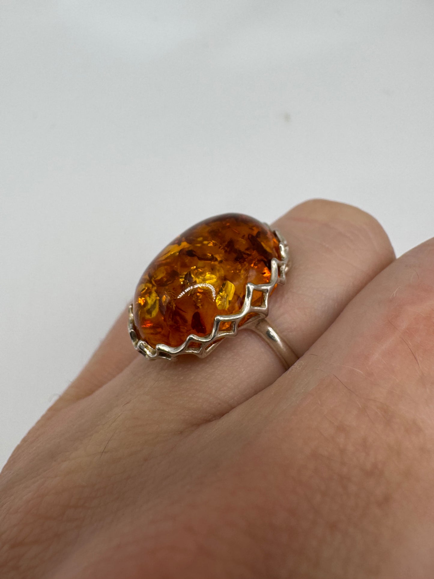 Silver amber ring