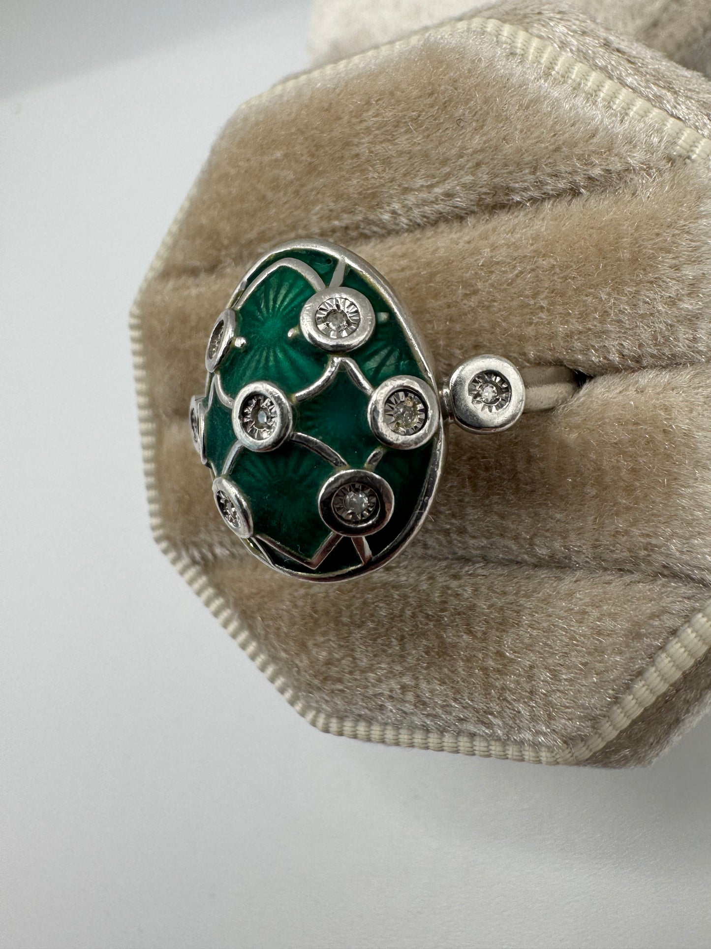 Silver enamelled diamond ring